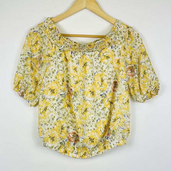 Joie Yellow Chiffon Lined Floral Crop Off Shoulder Top Shirt Womens Small NEW - Picture 1 of 6